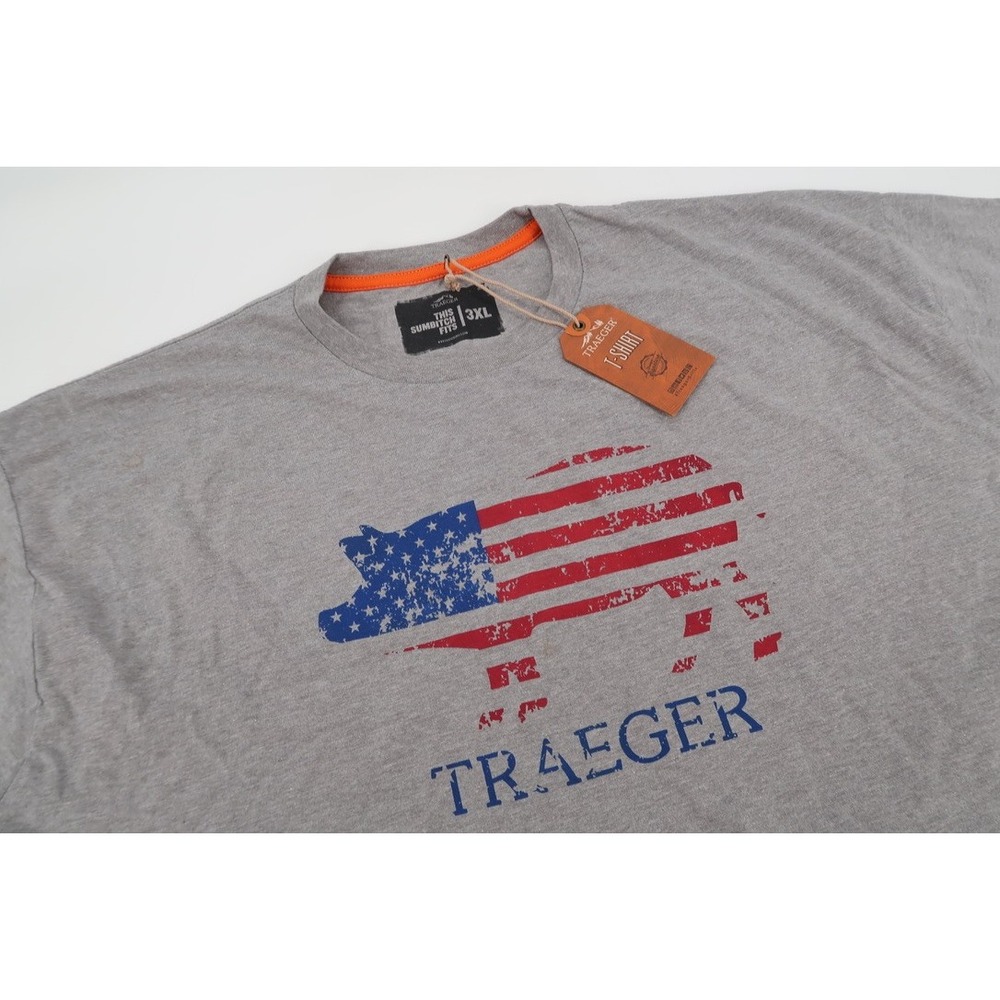 Traeger T-Shirt Mens 3XL Gray Patriotic American‎ Flag Pig BBQ Graphic Tee NEW